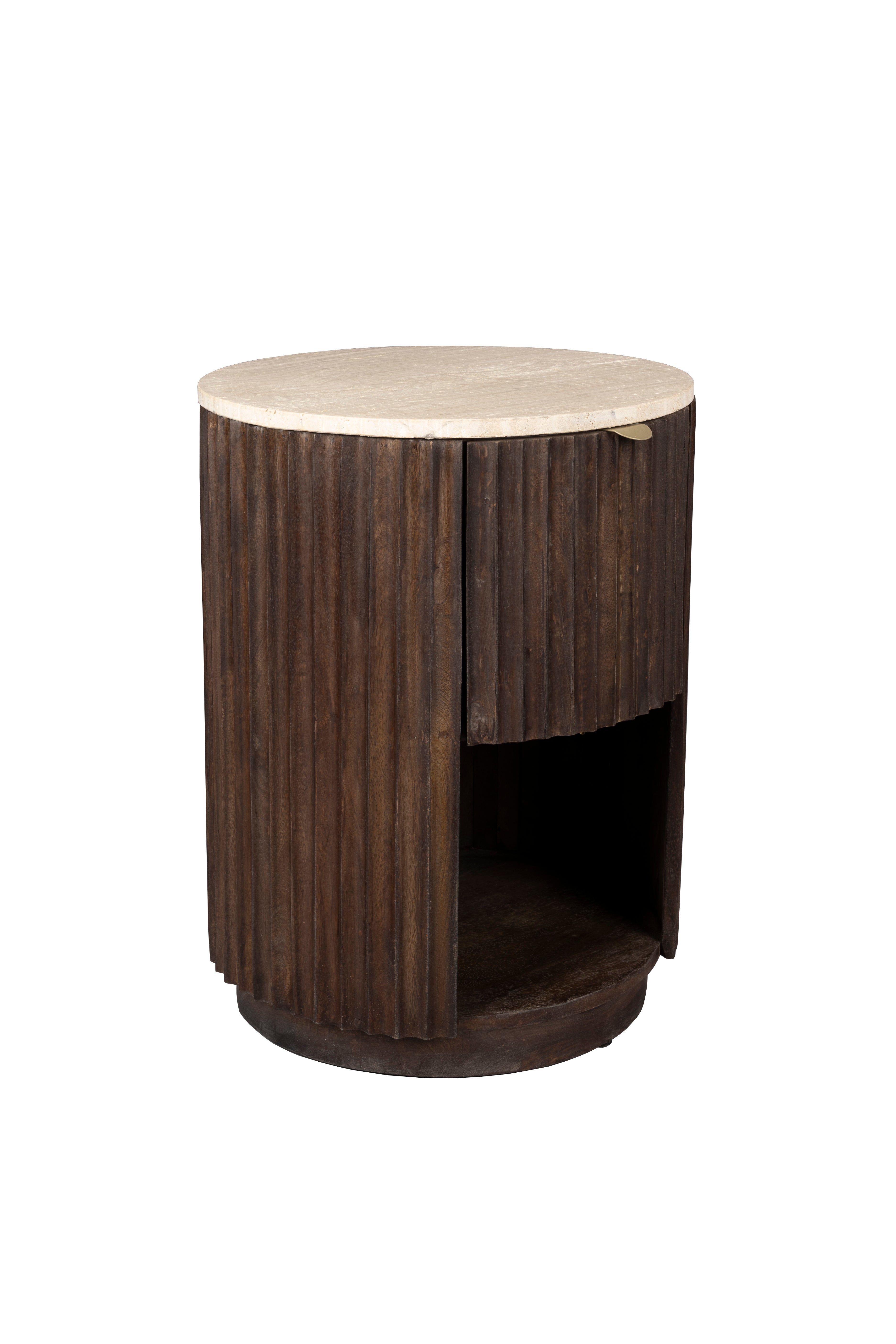 Dutchbone Marlow Ribbed Mango Wood & Travertine Marble Side Table/Bedside Table